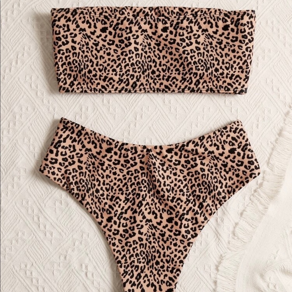Leopard Bandeau High Waisted Bikini Swimsuit